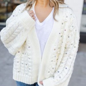 merina pearl trimmed cardigan in cream